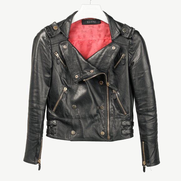 Gucci Black Leather Double-Breasted Moto Jacket - Picture 1 of 13